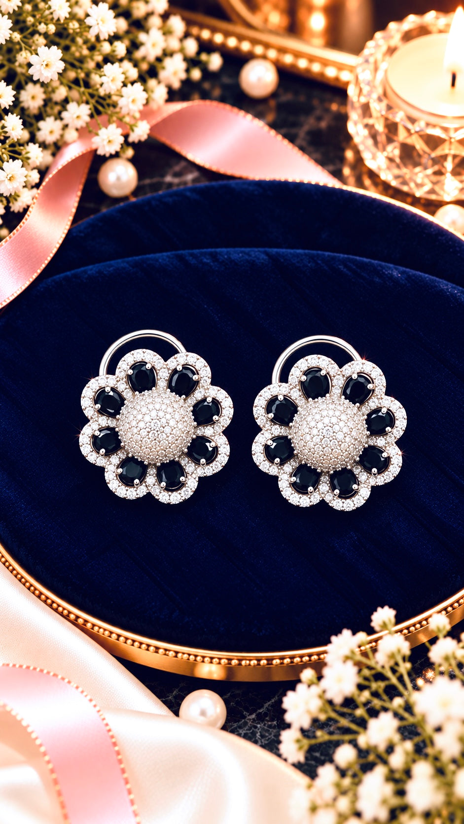 Floral Halo Cubic Zirconia Stud Earrings, artistic product view, Black colour, Silver-tone setting