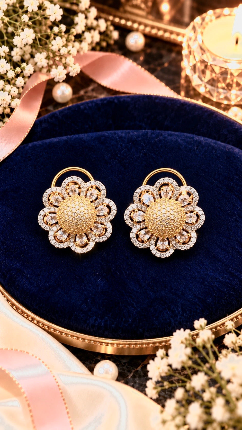 Floral Halo Cubic Zirconia Stud Earrings, artistic product view, White colour, Gold-tone setting
