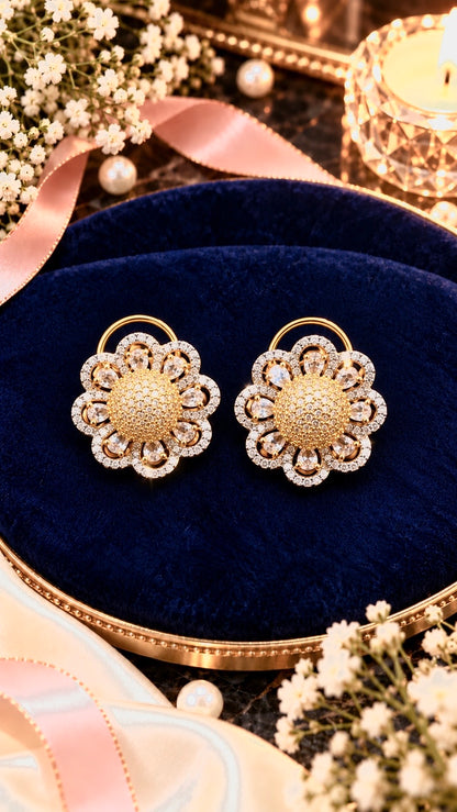 Floral Halo Cubic Zirconia Stud Earrings, artistic product view, White colour, Gold-tone setting