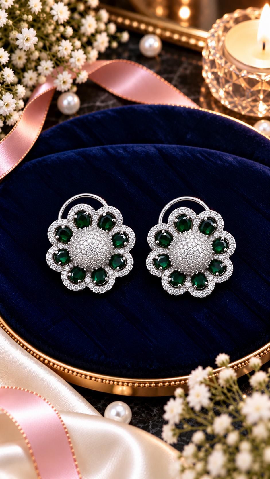 Floral Halo Cubic Zirconia Stud Earrings, artistic product view, Green colour, Silver-tone setting