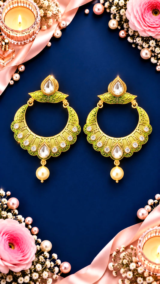 Crescent Kundan Pearl Detail Chandbali Earrings, artistic product view, Green colour, Gold-tone setting