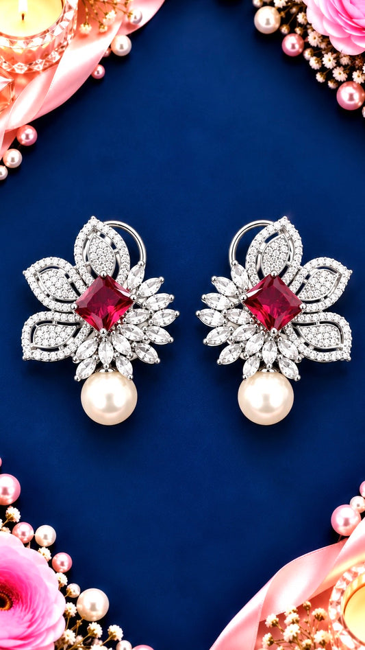 Floral Fan Cubic Zirconia Pearl Drop Earrings, artistic product view, Red colour, Silver-tone setting