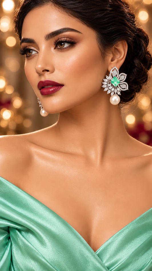 Floral Fan Cubic Zirconia Pearl Drop Earrings worn by model