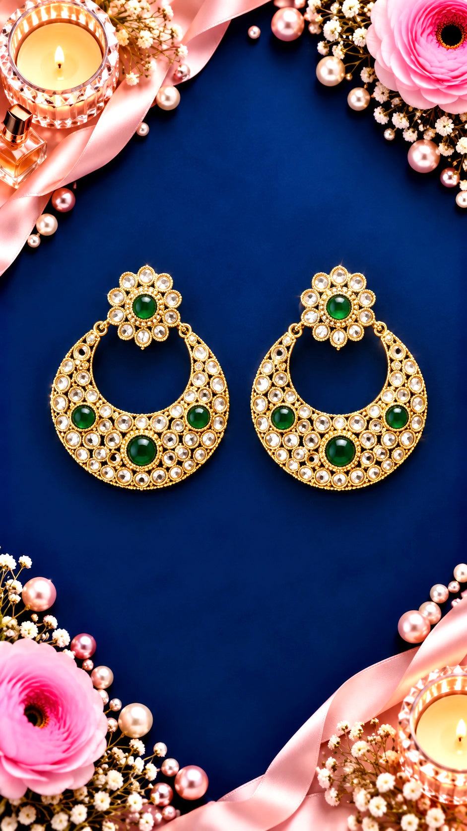 أقراط تشاندبالي هلالية بزخارف زهرية كوندان، عرض فني للمنتج، لون أخضر ولمسة ذهبي