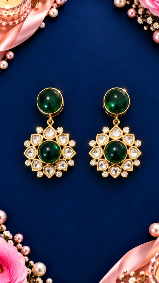 Round Floral Halo Kundan Drop Earrings, artistic product view, Green colour, Gold-tone setting
