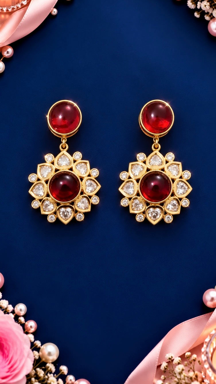 Round Floral Halo Kundan Drop Earrings, artistic product view, Red colour, Gold-tone setting