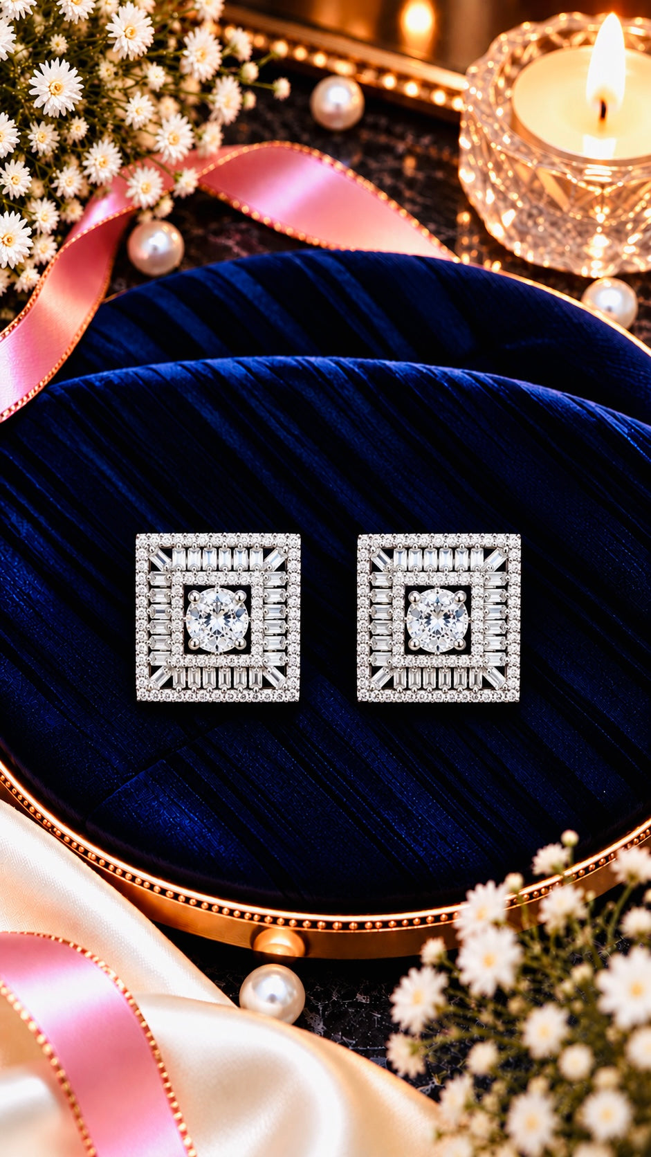 Square Baguette Halo Cubic Zirconia Stud Earrings, artistic product view, White colour, Silver-tone setting
