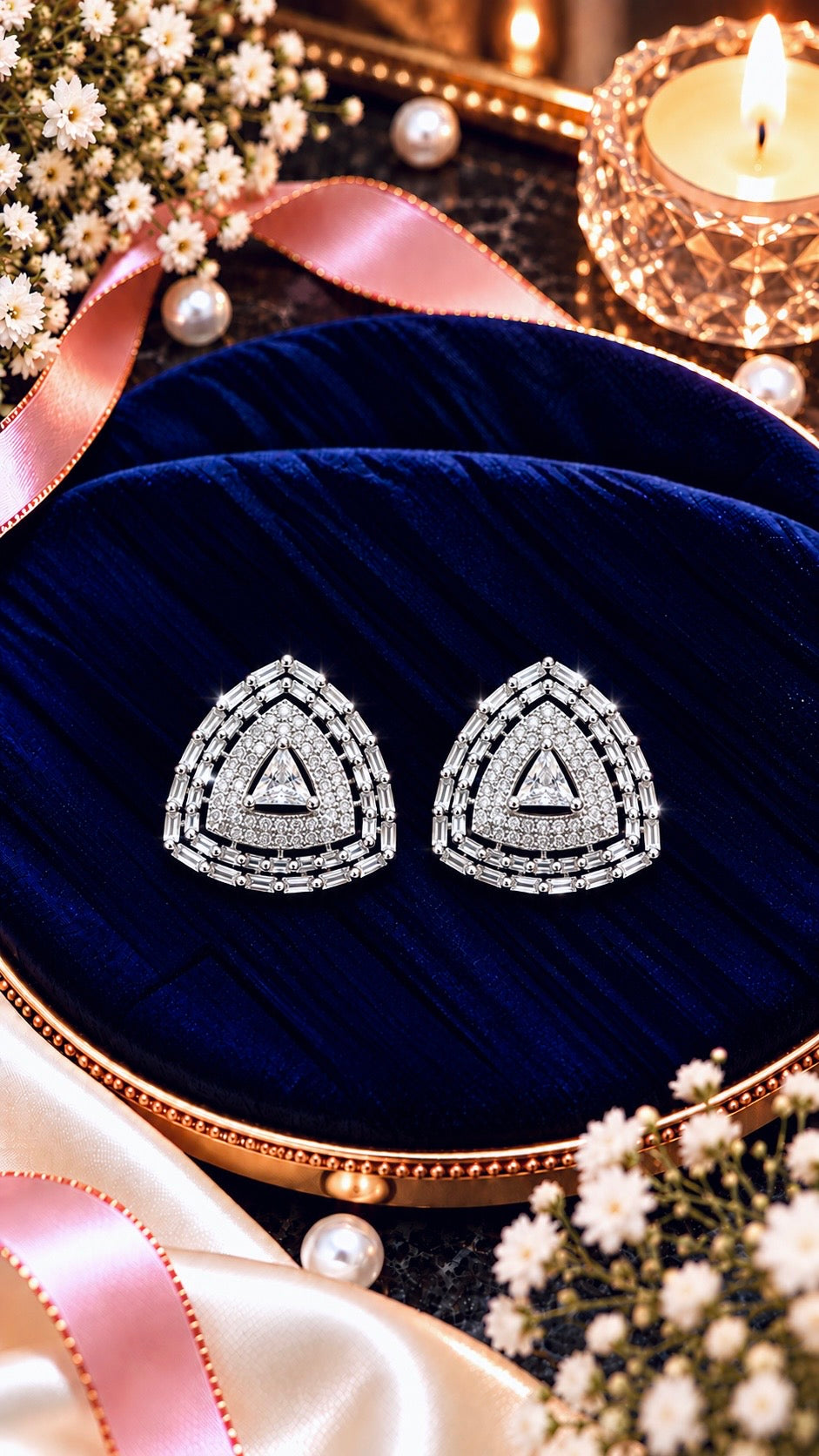 Triangle Halo Cubic Zirconia Stud Earrings, artistic product view, White colour, Silver-tone setting