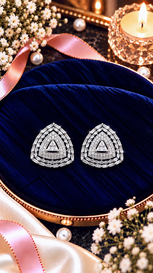 Triangle Halo Cubic Zirconia Stud Earrings, artistic product view, White colour, Silver-tone setting