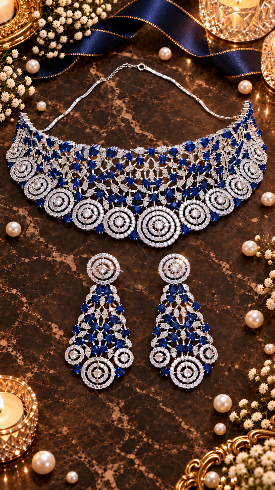 Circular Drop Choker Necklace & Earring Set in Blue, additional view