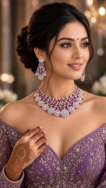 Circular Drop Choker Necklace & Earring Set in Pink, additional view