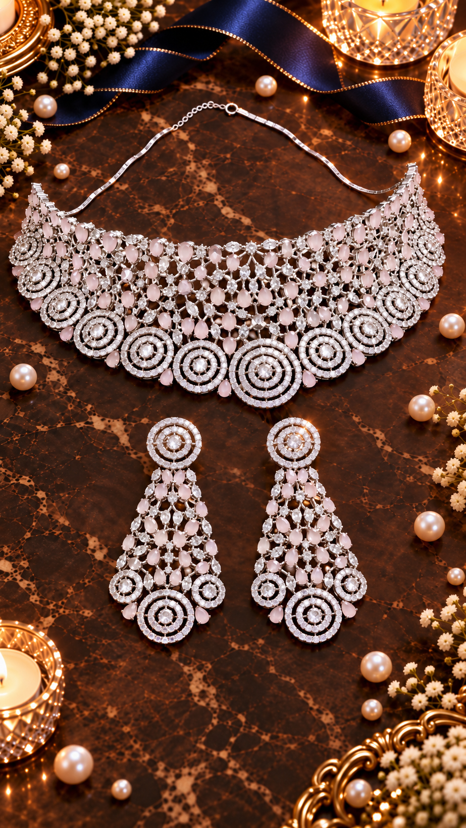 Circular Drop Choker Necklace & Earring Set in Pink, additional view