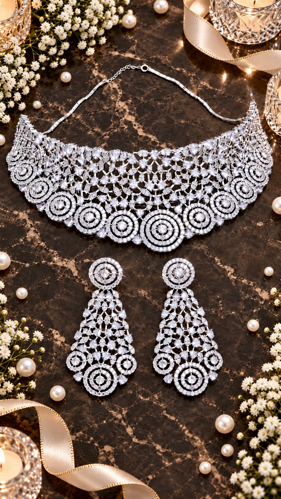 Circular Drop Choker Necklace & Earring Set in Silver, additional view