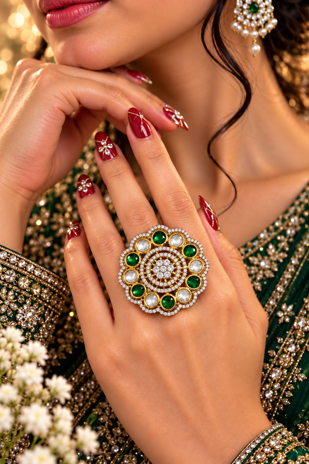 Round Floral Halo Cocktail Ring in Green, product detail