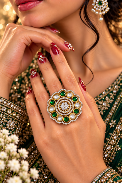 Round Floral Halo Cocktail Ring in Green, product detail