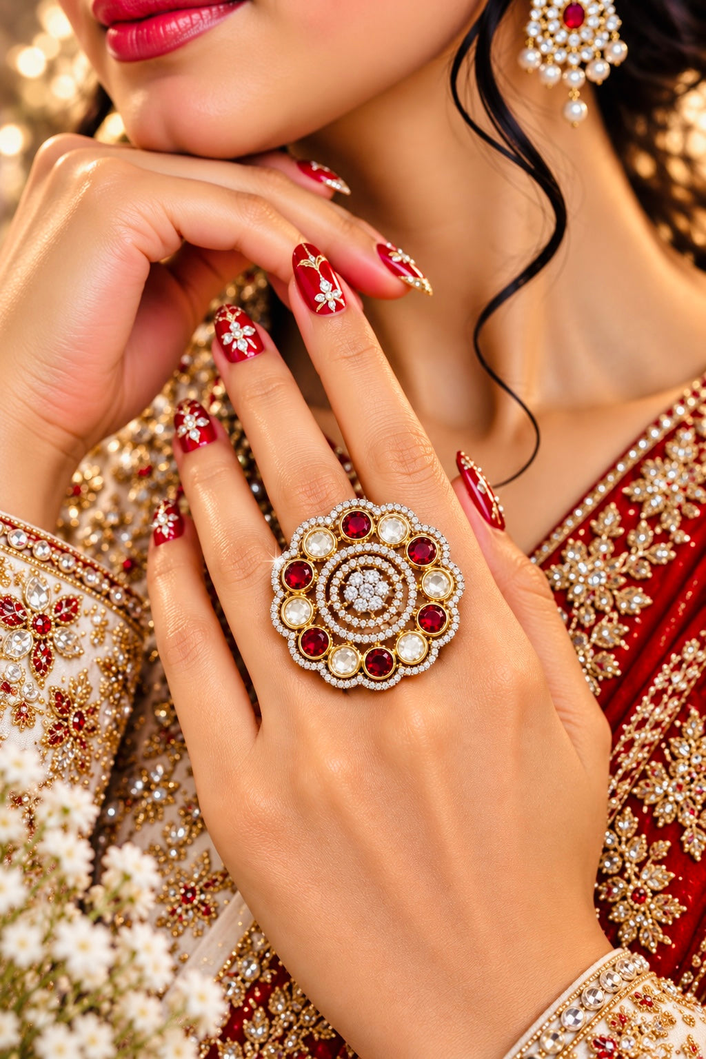 Round Floral Halo Cocktail Ring in Red, additional view