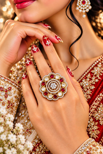Round Floral Halo Cocktail Ring in Red, additional view