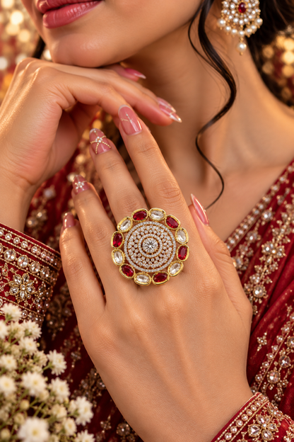 Oval Halo Medallion Cocktail Ring in Red, product detail