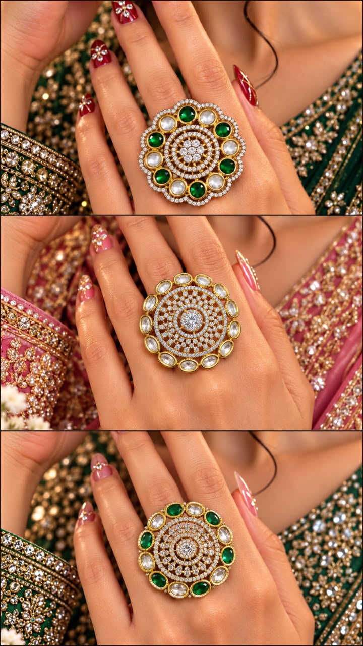Ring comparison collage showing a round floral ring (top) and oval halo rings in White (middle) and Green (bottom)