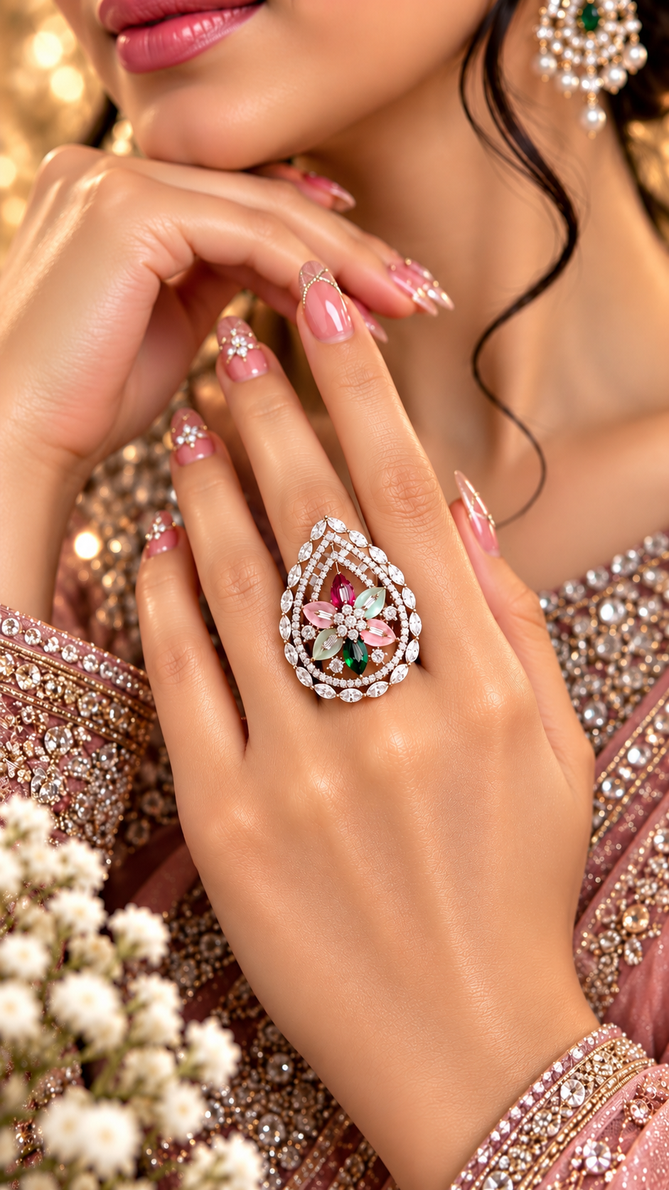 Teardrop Floral Statement Ring in Red and Green, product detail