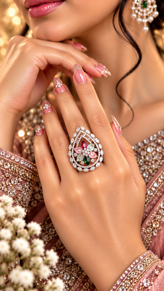 Teardrop Floral Statement Ring in Red and Green, product detail