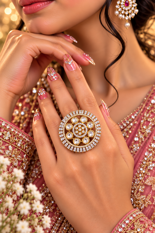 Round Clear Stone Medallion Ring in Gold, product detail