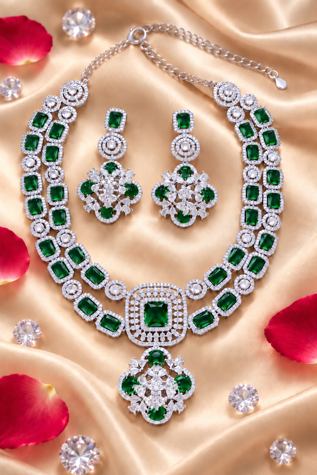 Rectangular Halo Necklace & Floral Earring Set in Green, additional view