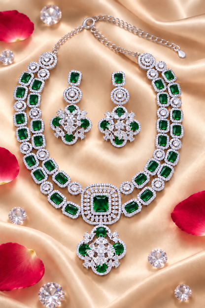 Rectangular Halo Necklace & Floral Earring Set in Green, additional view