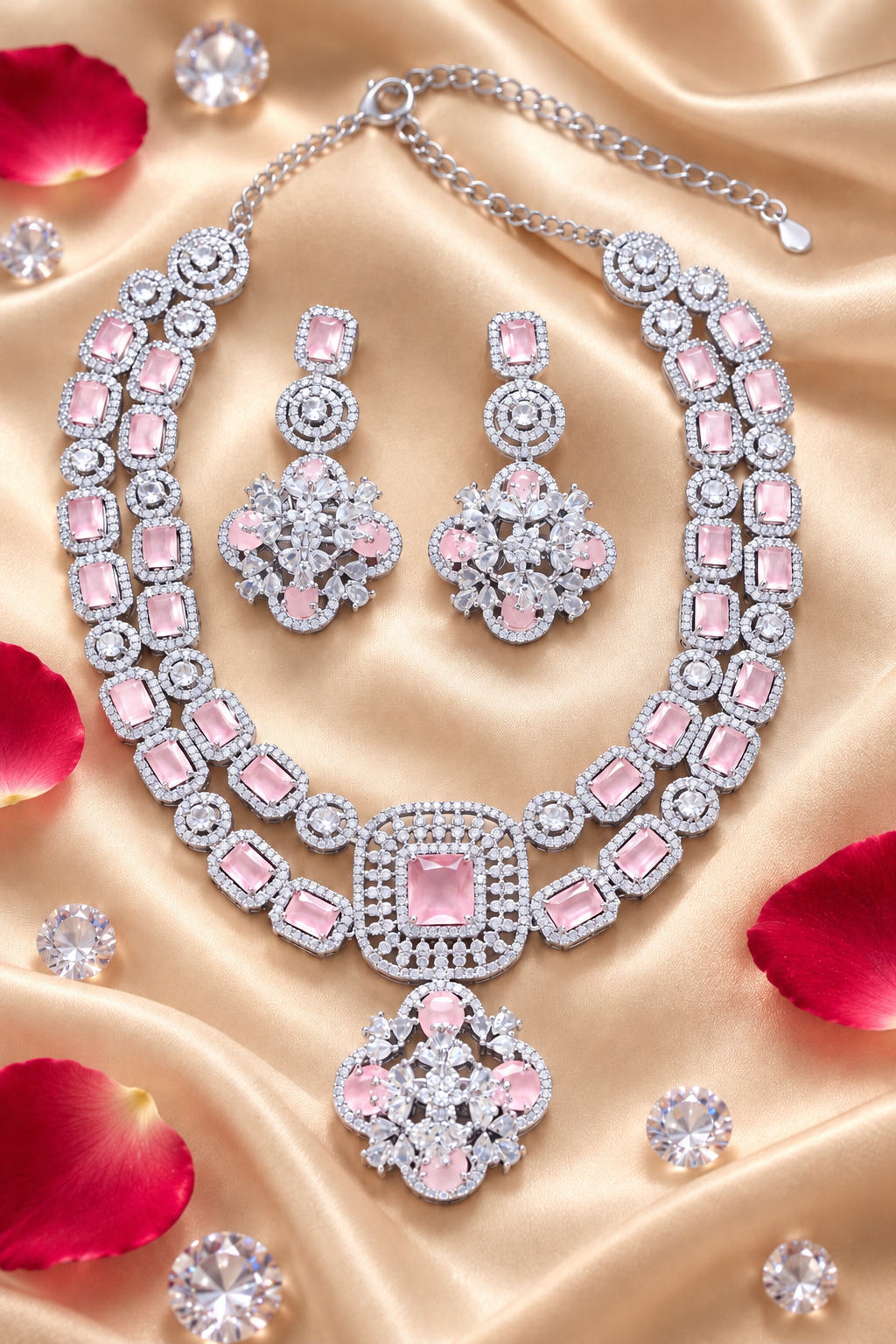 Rectangular Halo Necklace & Floral Earring Set in Pink, additional view