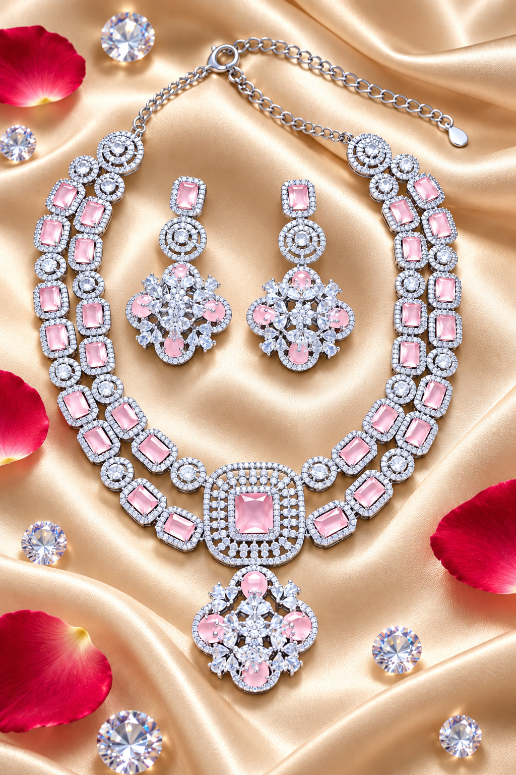Rectangular Halo Necklace & Floral Earring Set in Pink, additional view