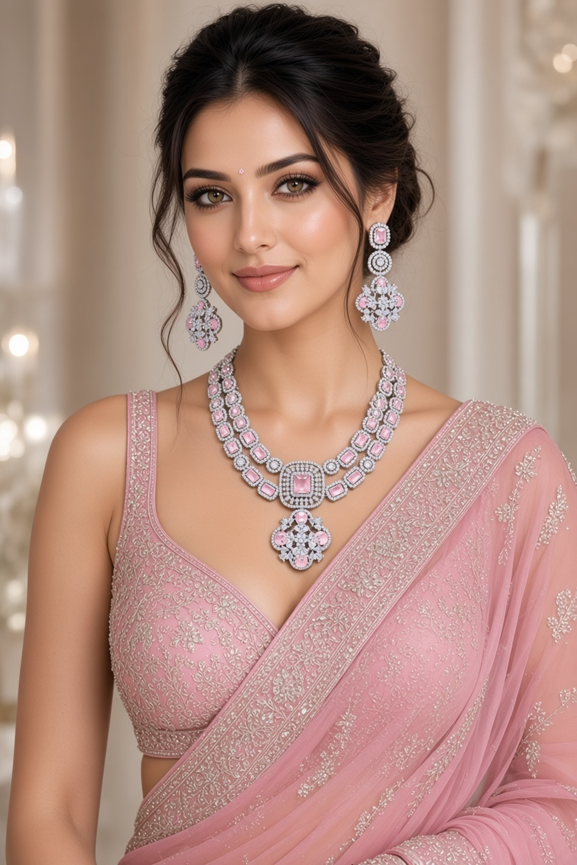 Rectangular Halo Necklace & Floral Earring Set in Pink, additional view