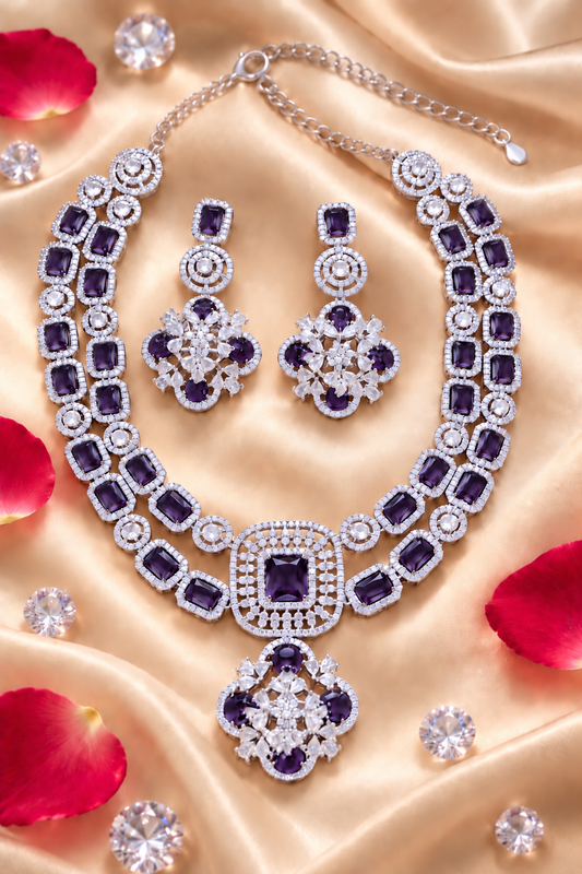 Rectangular Halo Necklace & Floral Earring Set in Purple, additional view