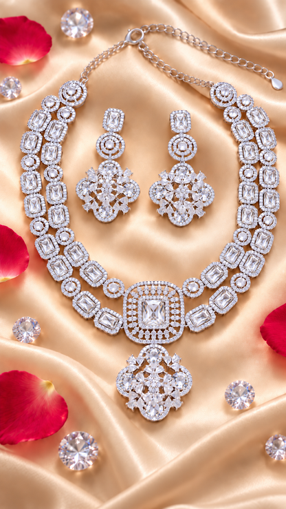 Rectangular Halo Necklace & Floral Earring Set in Silver, additional view