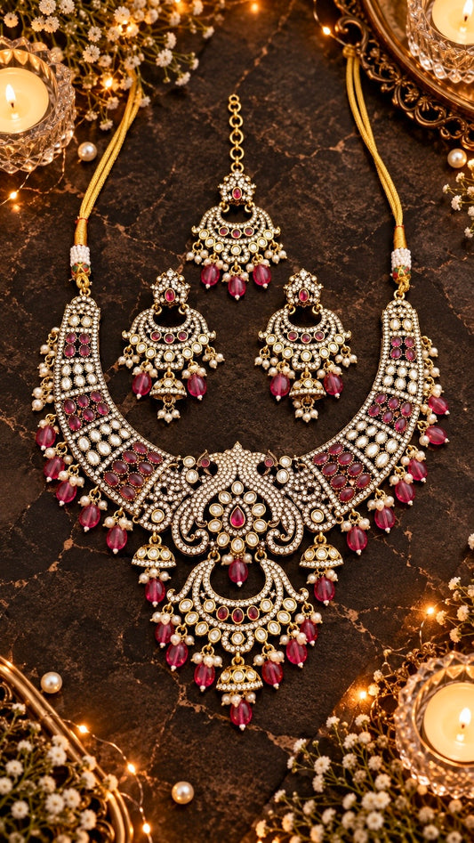 Antique Tone Bridal Necklace, Earrings & Maang Tikka Set in Red, product detail
