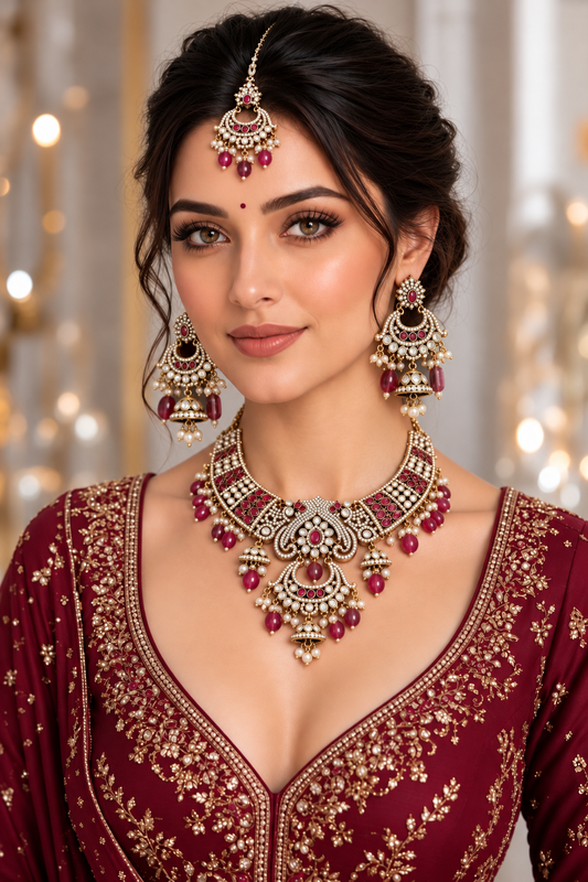 Antique Tone Bridal Necklace, Earrings & Maang Tikka Set in Red, additional view