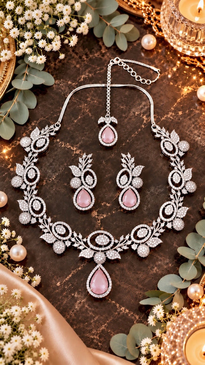 Leaf Motif Teardrop Necklace, Earrings & Maang Tikka Set in Pink, additional view