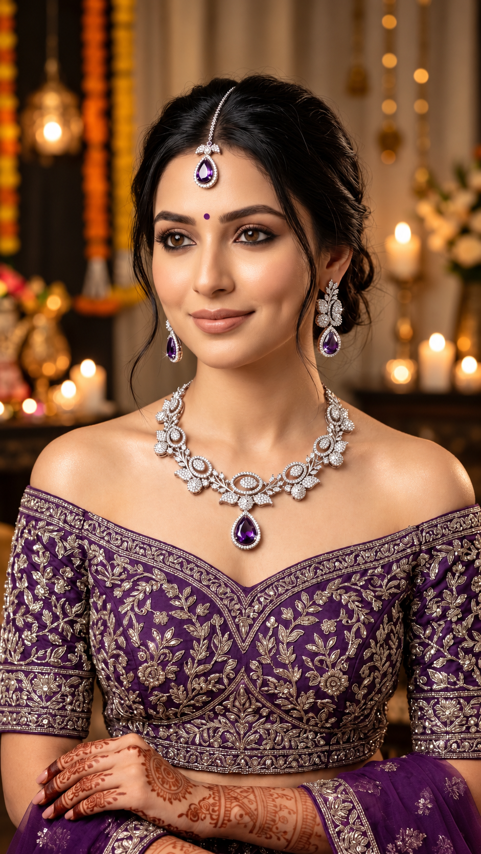 Leaf Motif Teardrop Necklace, Earrings & Maang Tikka Set in Purple, additional view