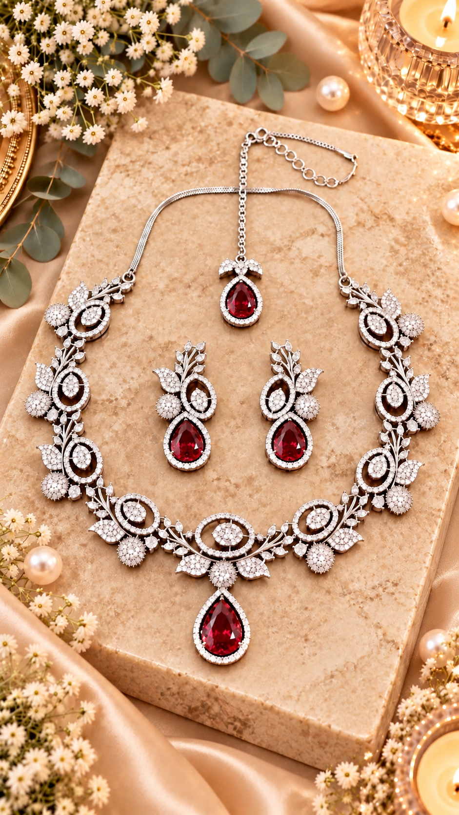 Leaf Motif Teardrop Necklace, Earrings & Maang Tikka Set in Red, additional view