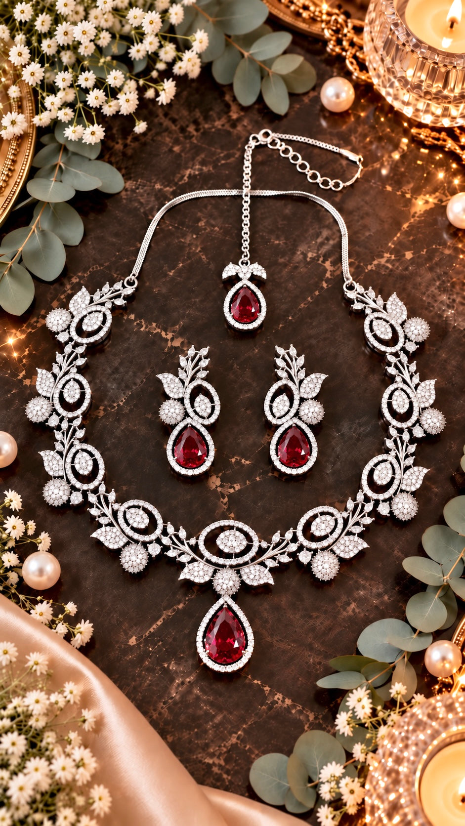 Leaf Motif Teardrop Necklace, Earrings & Maang Tikka Set in Red, additional view