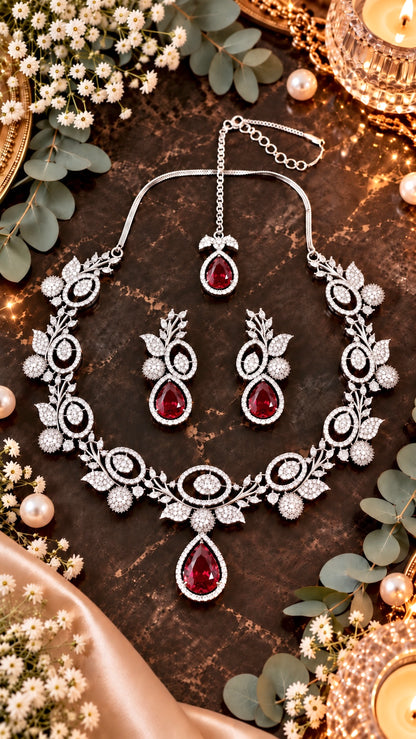 Leaf Motif Teardrop Necklace, Earrings & Maang Tikka Set in Red, additional view