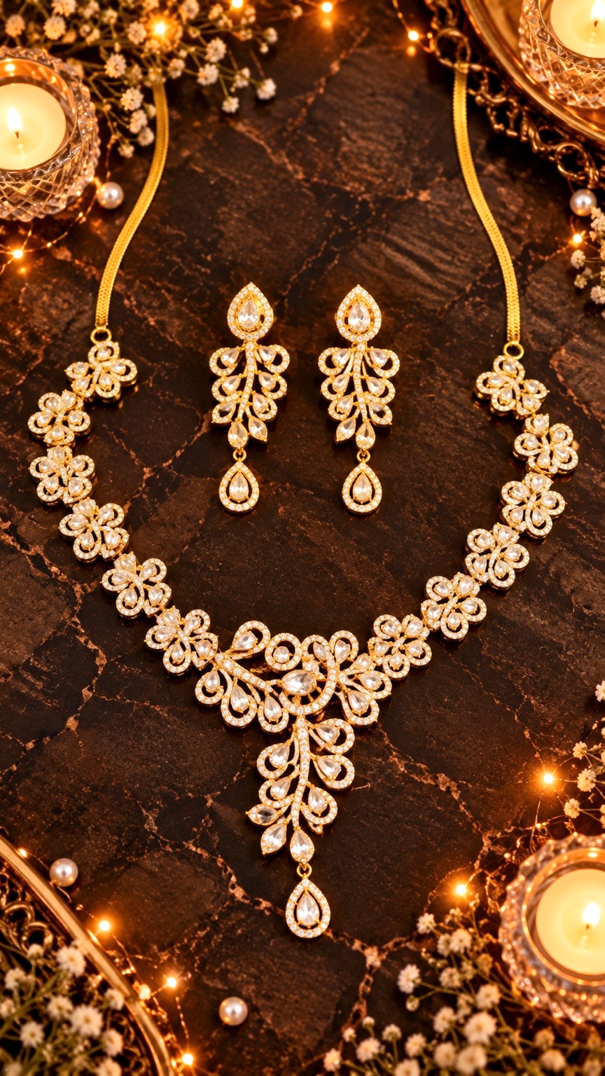 Floral Scroll Drop Necklace & Earring Set in Gold, product detail