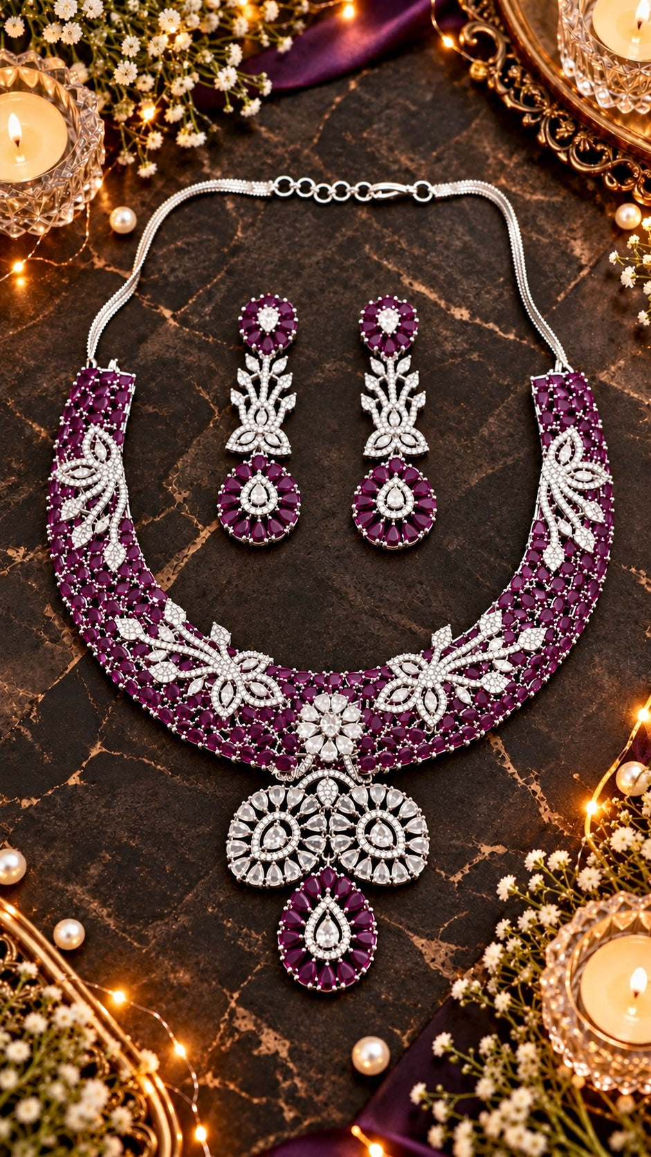Purple Floral Statement Necklace & Earring Set in Purple, product detail