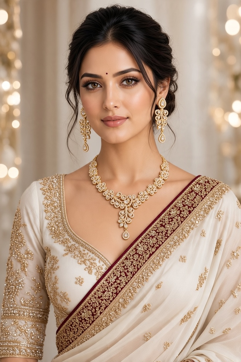 Floral Scroll Drop Necklace and Earring Set in Gold, model wearing the jewellery | necklace-26