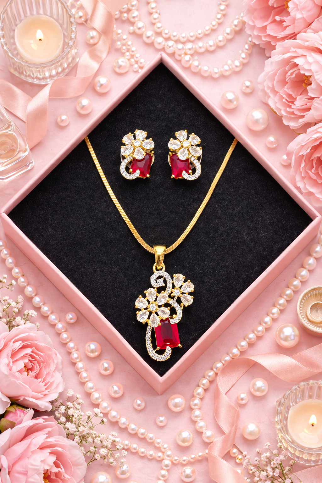 Floral Scroll Chain Pendant and Earring Set - Red