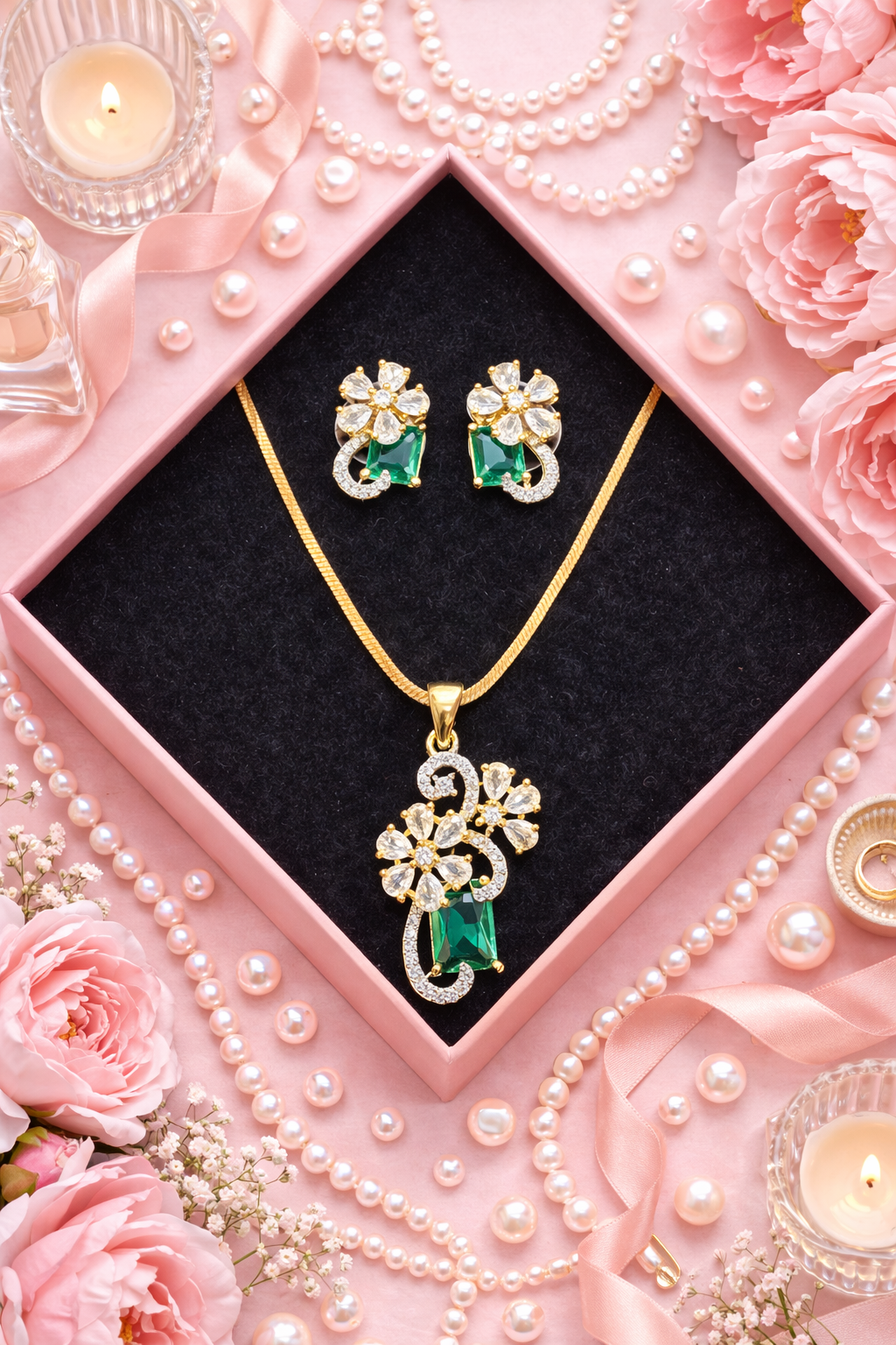 Floral Scroll Chain Pendant and Earring Set - Green