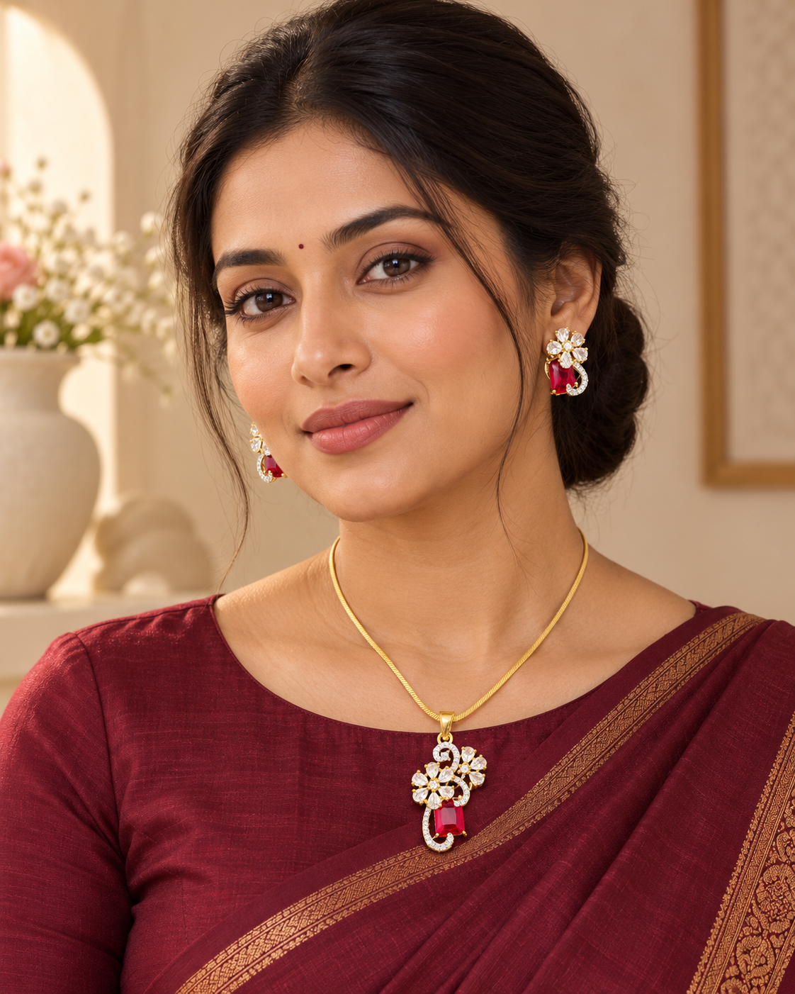 Model wearing Floral Scroll Chain Pendant and Earring Set in Red, Gold-tone finish
