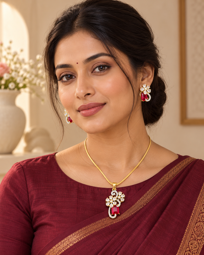 Model wearing Floral Scroll Chain Pendant and Earring Set in Red, Gold-tone finish