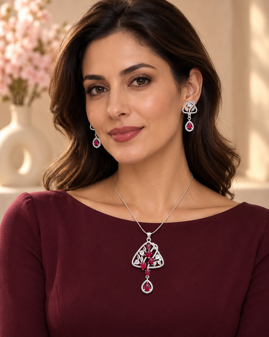 Model wearing Openwork Teardrop Chain Pendant and Earring Set in Red, Silver-tone finish