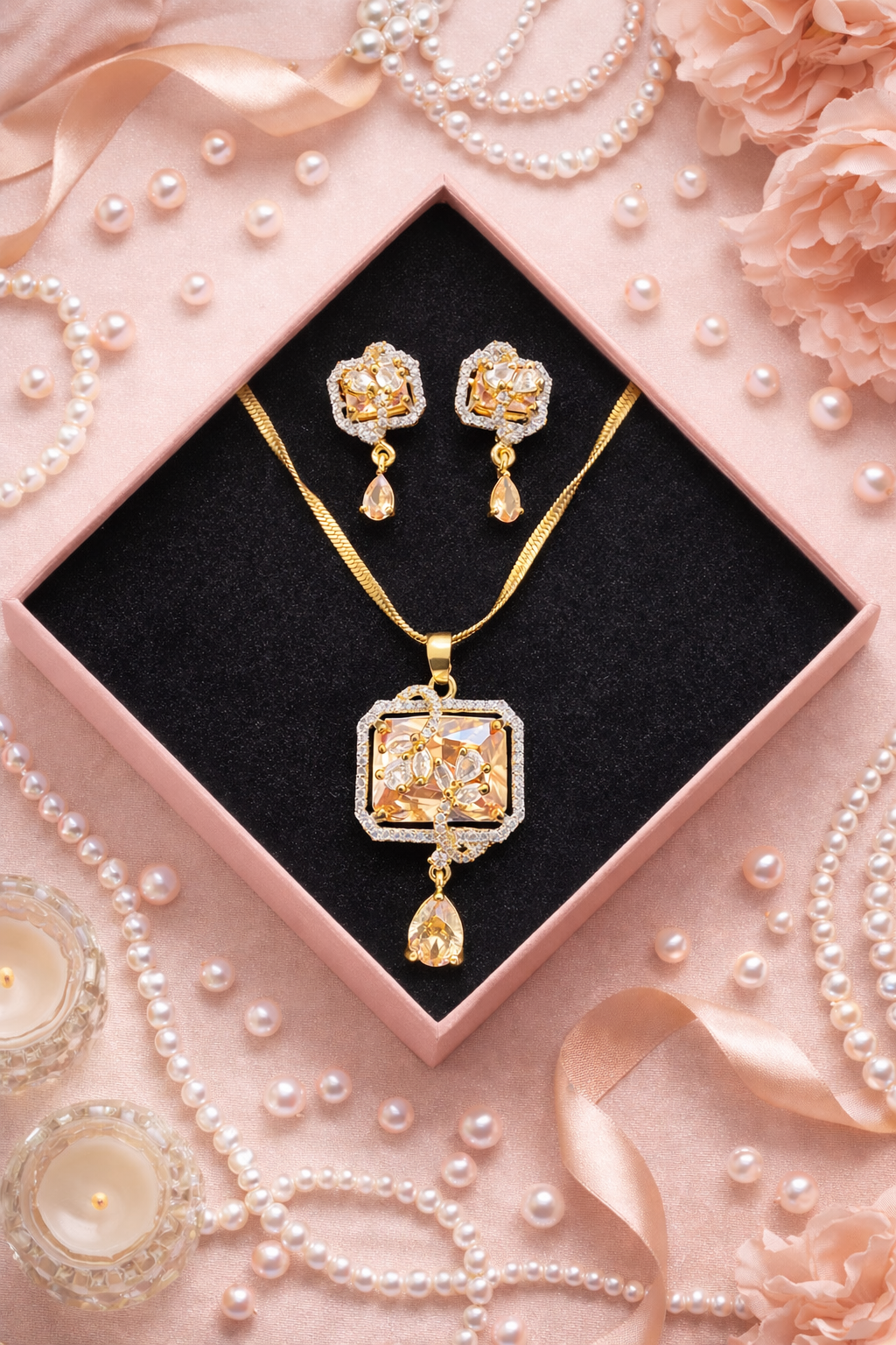 Square Floral Drop Chain Pendant and Earring Set - Peach