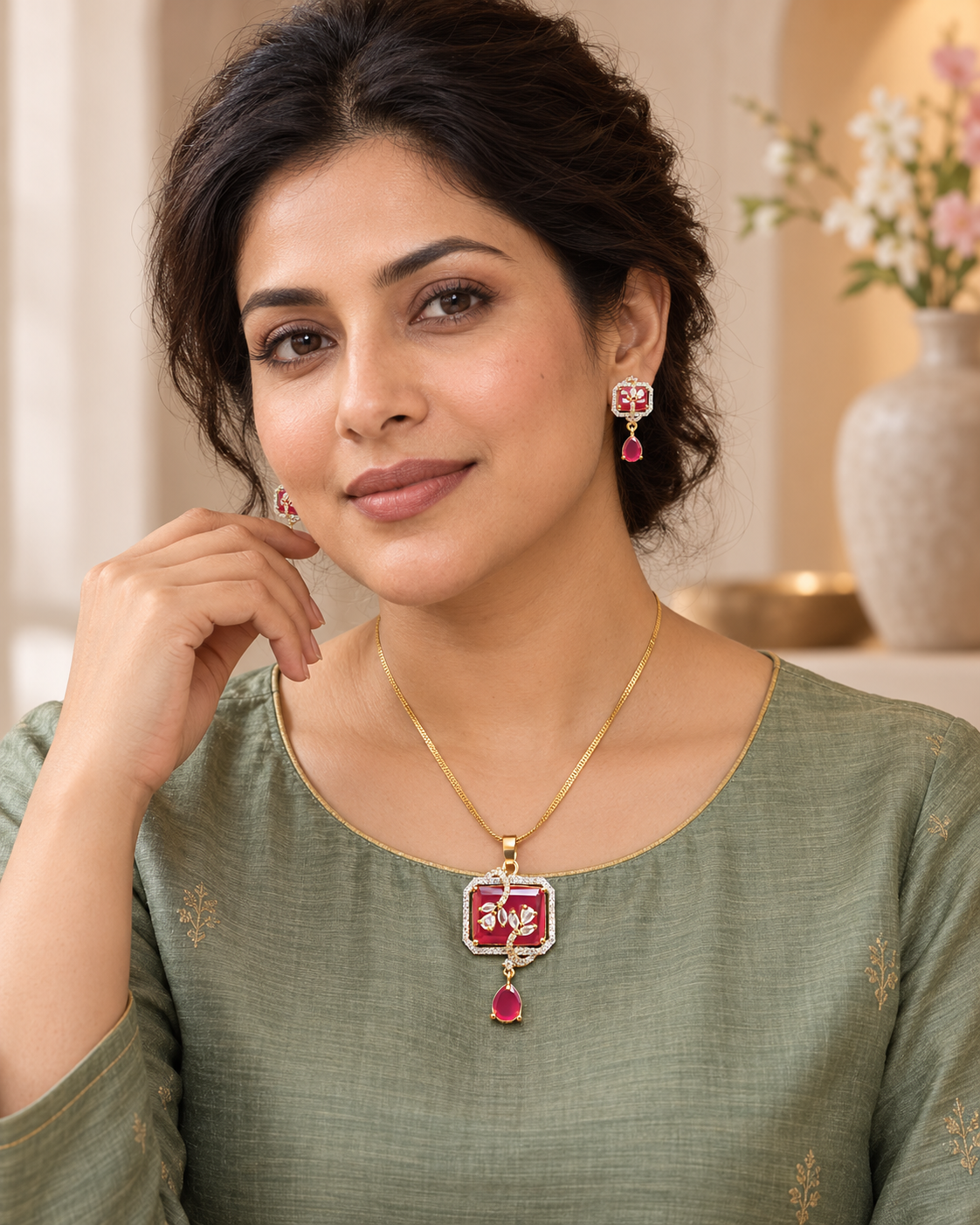 Model wearing Square Floral Drop Chain Pendant and Earring Set in Red, Gold-tone finish